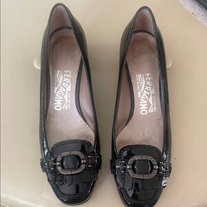 Salvatore Ferragamo Black Patent Leather Loafers with Buckle